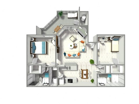 A 3D floor plan of a house with a kitchen, living room, and bathroom.